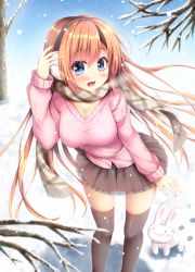 Rule 34 | 1girl, :d, animal, arm at side, arm up, black thighhighs, blue eyes, blush, breasts, breath, brown hair, brown skirt, cleavage, closed mouth, commentary request, day, earmuffs, fingernails, hair between eyes, long hair, medium breasts, open mouth, original, outdoors, pink sweater, plaid, plaid scarf, rabbit, scarf, skirt, smile, snow, snowing, solo, suzukawa yui, sweater, thighhighs, very long hair
