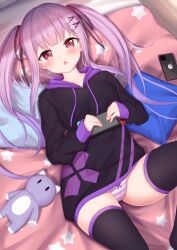 Rule 34 | black hoodie, black thighhighs, blush, cellphone, commission, game controller print, hair ornament, hair ribbon, hairclip, highres, hood, hoodie, long sleeves, lying, nintendo switch, no pants, open mouth, original, panties, phone, purple hair, red eyes, ribbon, smartphone, striped clothes, striped panties, stuffed animal, stuffed toy, thighhighs, thighs, twintails, underwear, white clover (unfy8472)