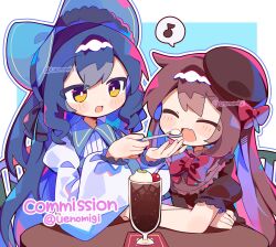 Rule 34 | 2girls, blue hair, blush, bow, brown hair, cherry, closed eyes, commission, dress, fang, feeding, food, fruit, hat, highres, holding, holding spoon, ice cream, lolita fashion, long hair, long sleeves, multiple girls, musical note, open mouth, original, puffy sleeves, red bow, skeb commission, smile, spoken musical note, spoon, twitter username, uenomigi, watermark, yellow eyes