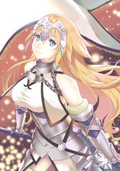 Rule 34 | 1girl, armor, armored dress, bad id, bad pixiv id, bare shoulders, black gloves, blonde hair, blue eyes, braid, breasts, capelet, chain, commentary request, fate/apocrypha, fate (series), faulds, flag, fur trim, gauntlets, gloves, headpiece, highres, jeanne d&#039;arc (fate), jeanne d&#039;arc (ruler) (fate), jeanne d&#039;arc (third ascension) (fate), long hair, looking at viewer, medium breasts, sasaki tamao, single braid, smile, solo, yellow eyes