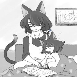 Rule 34 | 2girls, animal ear fluff, animal ears, apron, book, cat ears, cat girl, cat tail, child, commentary, drawing, english commentary, closed eyes, greyscale, indoors, latenight, monochrome, mother and daughter, multiple girls, open book, original, picture book, short hair, sitting, sleepy, spot color, tail, under covers