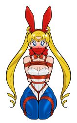 Rule 34 | 1girl, absurdres, animal costume, animal ears, arms behind back, bdsm, bishoujo senshi sailor moon, blonde hair, blue eyes, blush, bondage, bound, breast bondage, breasts, cleavage, cloth gag, collarbone, crescent, crescent earrings, detached collar, double bun, earrings, fake animal ears, gag, gagged, hair bun, hair ornament, highres, improvised gag, jewelry, leotard, looking at viewer, over the mouth gag, pantyhose, playboy bunny, rabbit ears, rope, sailor moon, tsukino usagi, twintails, wossarem