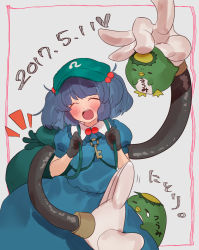 Rule 34 | 1girl, :d, backpack, bag, black gloves, blue hair, blue skirt, blush, closed eyes, dated, gloves, green hat, hair bobbles, hair ornament, hat, highres, kappa, kawashiro nitori, key, masanaga (tsukasa), mechanical arms, open mouth, puffy short sleeves, puffy sleeves, short sleeves, single mechanical arm, skirt, smile, tears, touhou, twintails, two side up