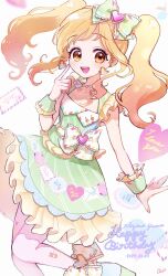 Rule 34 | 1girl, aikatsu! (series), aikatsu stars!, ankle bow, ankle ribbon, bare legs, blonde hair, bow, character name, commentary, dated, dot nose, dress, dress bow, earrings, finger to cheek, frilled dress, frills, gradient hair, green dress, hair bow, hand up, happy birthday, hashtag only commentary, heart, heart earrings, highres, jewelry, long hair, looking at viewer, medium dress, multicolored hair, necklace, nijino yume, open mouth, orange eyes, pink hair, ribbon, roi, signature, sleeveless, sleeveless dress, solo, standing, standing on one leg, symbol-only commentary, teeth, two-tone hair, upper teeth only, white background, wrist cuffs