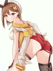 Rule 34 | 1girl, absurdres, ass, atelier (series), atelier ryza, black thighhighs, blush, braid, breasts, brown eyes, brown hair, cameltoe, flower, from behind, grin, hair flower, hair ornament, hat, highres, jacket, jewelry, key, key necklace, large breasts, legs, looking at viewer, looking back, mobukichi, necklace, open clothes, open jacket, red shorts, reisalin stout, shirt, short hair, short shorts, short sleeves, shorts, simple background, single thighhigh, smile, solo, standing, thigh gap, thigh strap, thighhighs, thighs, view between legs, white background, white hat, white shirt, yellow jacket