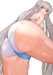 Rule 34 | 1girl, absurdly long hair, alternate costume, ass, ass focus, azur lane, bad id, bad pixiv id, bikini, blue bikini, blush, braid, breasts, closed mouth, double bun, formidable (azur lane), formidable (the lady of the beach) (azur lane), from below, from side, frown, hand on thigh, highres, huge ass, large breasts, long hair, looking at viewer, looking down, platinum blonde hair, red eyes, sikijou77o, solo, swimsuit, thick thighs, thighs, twintails, very long hair, white background, wide hips