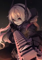 Rule 34 | 1girl, armband, assault rifle, commentary request, girls&#039; frontline, gun, hair between eyes, headgear, highres, holding, holding gun, holding weapon, hood, hood down, hoodie, jacket, long hair, long sleeves, looking at viewer, m4 sopmod ii, m4 sopmod ii (girls&#039; frontline), mechanical arms, multicolored hair, open mouth, prosthesis, prosthetic arm, red eyes, rifle, simple background, single mechanical arm, smile, solo, streaked hair, suginakara (user ehfp8355, weapon