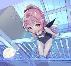 Rule 34 | 1girl, ahoge, amimi, ball, barefoot, black wings, blue one-piece swimsuit, bow, feathered wings, feet, from above, hair bow, long hair, looking at viewer, looking up, one-piece swimsuit, open mouth, original, pink eyes, pink hair, ponytail, ribbon, school swimsuit, sitting, smile, soaking feet, solo, swimsuit, thigh gap, thighs, toes, very long hair, water, wings