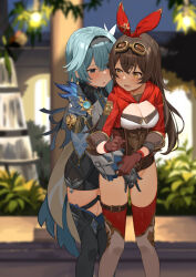 Rule 34 | 2girls, absurdres, amber (genshin impact), black hairband, blue hair, blurry, blurry background, blush, bottomless, bow hairband, breasts, brown gloves, brown hair, cleavage, crossed bangs, eula (genshin impact), fingering, genshin impact, gloves, goggles, goggles on head, hair between eyes, hairband, heart, highres, lemontyoisy r18, long hair, looking at another, medium breasts, multiple girls, open clothes, open mouth, outdoors, raised eyebrows, red hairband, short hair, shorts, standing, sweat, thigh strap, thighhighs, vision (genshin impact), yuri, zettai ryouiki