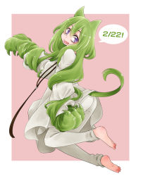 Rule 34 | 1boy, animal ears, animal hands, barefoot, cat boy, cat ears, cat tail, dated, enkidu (fate), fang, fate/strange fake, fate (series), feet, gloves, green eyes, green hair, kalanchoe xxxx, kemonomimi mode, long hair, male focus, matching hair/eyes, paw gloves, purple eyes, soles, solo, tail, toes, trap