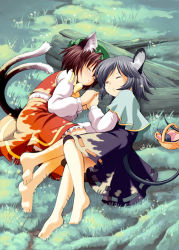 Rule 34 | 2girls, animal ears, barefoot, capelet, cat ears, cat girl, cat tail, chen, feet, female focus, hat, holding hands, jpeg artifacts, log, lying, mouse (animal), mouse ears, mouse tail, multiple girls, multiple tails, nazrin, on side, seminoyu, sleeping, soles, tail, toes, touhou, tree shade