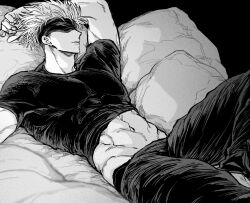 Rule 34 | 1boy, abs, arm up, bed, blindfold, feet out of frame, gojou satoru, groin, jujutsu kaisen, lips, lying, male focus, muscular, muscular male, navel, nay bb, on back, pants, pillow, shirt, short hair, short sleeves, skin tight, solo