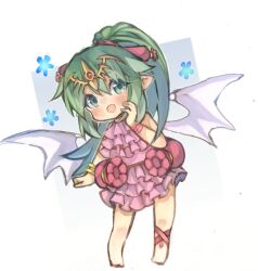 Rule 34 | 1girl, :d, arm at side, barefoot, blush, bracelet, delaware3850, dragon wings, fang, fire emblem, fire emblem: mystery of the emblem, fire emblem heroes, full body, gem, green eyes, grey wings, hair between eyes, hair ribbon, hand up, headpiece, highres, jewelry, legs apart, light green hair, long hair, multicolored wings, nintendo, one-piece swimsuit, open mouth, pink one-piece swimsuit, pink ribbon, pointy ears, ponytail, red gemstone, ribbon, skin fang, smile, solo, standing, swimsuit, tiki (fire emblem), tiki (young) (fire emblem), tiki (young) (summer) (fire emblem), two-tone wings, white wings, wings