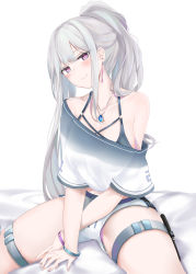 Rule 34 | 1girl, absurdres, ak-12 (girls&#039; frontline), bare shoulders, blue gemstone, braid, breasts, casual, closed mouth, combat knife, crop top, earrings, gem, girls&#039; frontline, head tilt, highres, jewelry, knife, long hair, looking at viewer, medium breasts, midriff, necklace, off shoulder, panties, ponytail, purple eyes, purple panties, revision, ribbon, ru zhai, shirt, short shorts, shorts, sidelocks, silver hair, sitting, smile, thigh strap, underwear, upshorts, very long hair, weapon, white shorts, wristband
