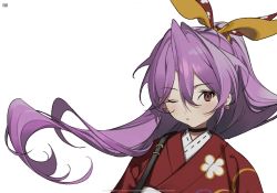 Rule 34 | 1girl, closed mouth, commentary request, earrings, from side, hair between eyes, hair ribbon, highres, japanese clothes, jewelry, kimono, komakusa sannyo, long hair, long sleeves, looking at viewer, m09 mirage090, one eye closed, ponytail, purple hair, purple skirt, red eyes, red kimono, ribbon, simple background, skirt, solo, touhou, upper body, white background, wide sleeves, yellow ribbon