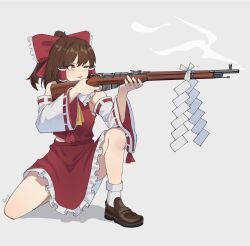 Rule 34 | 1girl, ;p, absurdres, aiming, bolt action, bow, brown footwear, brown hair, detached sleeves, frilled bow, frilled skirt, frills, gar32, grey background, gun, hair bow, hair tubes, hakurei reimu, highres, holding, holding gun, holding weapon, loafers, long hair, midriff peek, mosin-nagant, on one knee, one eye closed, red bow, red shirt, red skirt, rifle, shide, shirt, shoes, simple background, skirt, sleeveless, sleeveless shirt, smoke, smoking gun, socks, solo, tongue, tongue out, touhou, weapon, white sleeves, white socks, wide sleeves