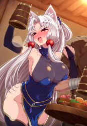 Rule 34 | &gt; &lt;, 1boy, 1girl, alcohol, alternate costume, animal ears, beer, beer mug, blue dress, blush, breast press, breasts, bridal gauntlets, cleavage, cup, detached sleeves, dress, drunk, food, fox ears, highres, holding, indoors, large breasts, long hair, mug, no panties, nose blush, null (nyanpyoun), open mouth, parted bangs, pelvic curtain, ponytail, saliva, sidelocks, sweat, table, tongue, touhoku itako, very long hair, voiceroid, white hair