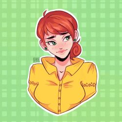 Rule 34 | 1girl, artist name, blush, breasts, earrings, green background, green eyes, highres, jewelry, lipstick, makeup, medium hair, penny (stardew valley), red hair, shirt, simple background, siropeart, small breasts, solo, stardew valley, stud earrings, thick eyebrows, upper body, yellow shirt