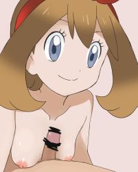 Rule 34 | 1boy, 1girl, between breasts, blue eyes, breasts, censored, creatures (company), game freak, hetero, highres, light brown hair, looking at viewer, may (pokemon), may (pokemon oras), meronshiroppu, naizuri, nintendo, nipples, paizuri, penis, pokemon, pokemon oras, sex, short hair, small breasts, small penis, smile, topless
