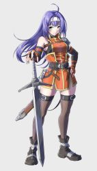 Rule 34 | 1girl, ahoge, armor, bare shoulders, belt, black footwear, black gloves, breasts, commentary, dress, elbow gloves, fire emblem, fire emblem: path of radiance, fire emblem heroes, full body, funami dingo, gloves, green eyes, grey background, grey belt, grey thighhighs, hairband, highres, long hair, looking at viewer, mia (fire emblem), nintendo, official alternate costume, orange dress, pauldrons, planted, planted sword, planted weapon, purple hair, scabbard, sheath, shoes, short dress, shoulder armor, simple background, sleeveless, sleeveless dress, small breasts, smile, solo, standing, sword, thighhighs, weapon, white hairband, zettai ryouiki