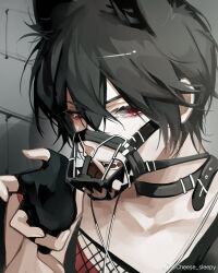 Rule 34 | 1boy, animal ears, ayn alwyn, belt collar, black collar, black gloves, black hair, black tank top, cat boy, cat ears, collar, collarbone, extra ears, fangs, fingerless gloves, fishnet top, fishnets, gloves, hair between eyes, hand up, indoors, kemonomimi mode, looking at viewer, lovebrush chronicles, male focus, muzzle, open hand, open mouth, red eyes, red tank top, short hair, sideways glance, sixianglaolong875, sleeveless, solo, tank top, tearing up, teeth, upper body, v-shaped eyebrows, weibo logo, weibo username