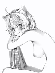 Rule 34 | 1girl, ahoge, animal ears, bad id, bad pixiv id, blush, breasts, cat ears, crossed arms, from side, greyscale, highres, hololive, large breasts, leaning forward, looking at viewer, monochrome, nanashi (nlo), nekomata okayu, nipples, nude, short hair, simple background, sitting, smile, solo, virtual youtuber, white background
