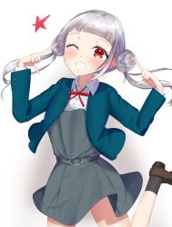 Rule 34 | 1girl, ;), absurdres, arashi chisato, artist name, artist request, bare legs, belt, black socks, blue cardigan, blue jacket, blush, bow, bowtie, breasts, brown footwear, buttons, cardigan, collared shirt, cropped jacket, double bun, dress, dress shirt, female focus, floating hair, grey belt, grey shirt, grey skirt, hair bun, hair tie, highres, jacket, long hair, long sleeves, looking at viewer, love live!, love live! superstar!!, miniskirt, neck ribbon, o-ring, o-ring belt, one eye closed, parted lips, plaid, plaid skirt, pleated, pleated skirt, red bow, red eyes, red ribbon, ribbon, school uniform, shirt, shoes, skirt, smile, socks, solo, standing, standing on one leg, star (symbol), twintails, wavy hair, white background, white hair, white shirt, wing collar, wink, yuigaoka school uniform