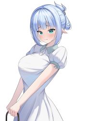 Rule 34 | 1girl, absurdres, aqua eyes, blue hair, breasts, buttons, character request, collared dress, cowboy shot, dress, elf, elisa griffith, highres, hyouken no majutsushi ga sekai wo suberu, juliet sleeves, large breasts, long sleeves, pointy ears, prab, puffy short sleeves, puffy sleeves, short hair, short sleeves, sidelocks, white background, white dress
