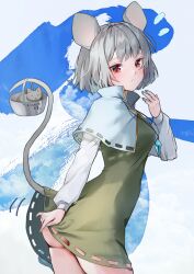 Rule 34 | 1girl, animal ears, ass, basket, black dress, blue capelet, blue nails, capelet, cat, cloud, commentary request, cowboy shot, dress, grey hair, highres, holding, holding basket, holding with tail, jewelry, long sleeves, mouse ears, mouse tail, nail polish, nazrin, necklace, paid reward available, pendant, prehensile tail, red eyes, shironeko yuuki, short hair, tail, touhou