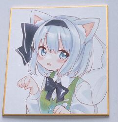 Rule 34 | 1girl, animal ears, black hairband, cat ears, clenched hands, commentary, ghost, grey eyes, grey hair, hairband, highres, konpaku youmu, konpaku youmu (ghost), looking at viewer, moni monico, open mouth, short hair, solo, touhou, traditional media