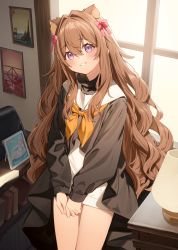 Rule 34 | 1girl, absurdres, animal ear fluff, animal ears, bow, brown hair, cowboy shot, hair bow, highres, indoors, long hair, long sleeves, looking at viewer, neckerchief, nyum, orange neckerchief, original, parted lips, purple eyes, red bow, sailor collar, smile, solo, v arms, very long hair, white sailor collar, window