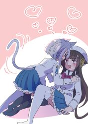 Rule 34 | 2girls, :3, all fours, animal ears, assault lily, beret, black hair, black thighhighs, blue skirt, blush, bob cut, buttons, cat ears, cat girl, cat tail, commentary request, ear piercing, eye contact, face-to-face, frilled skirt, frills, girl on top, grey hair, hands on another&#039;s shoulders, hat, hat ribbon, heart, herensuge girls academy school uniform, honkawa works, jacket, kagawa makina, kemonomimi mode, kneeling, knees up, long hair, long sleeves, looking at another, looking down, looking up, miniskirt, mole, mole above mouth, morimoto yuni, motion lines, multiple girls, no shoes, open mouth, parted lips, piercing, pink background, pink eyes, pleated skirt, profile, ribbon, school uniform, short hair, sitting, skirt, smile, soles, tail, tail raised, tail wagging, thighhighs, two-tone background, very long hair, white background, white headwear, white jacket, white thighhighs, yellow ribbon, yuri, zettai ryouiki