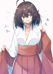 Rule 34 | 1girl, ahoge, blush, breasts, brown eyes, brown hair, cola, commentary request, fingernails, flying sweatdrops, grey background, hair between eyes, hakama, hakama skirt, head tilt, highres, holding, japanese clothes, kavka, kimono, long sleeves, medium breasts, miko, nail polish, open mouth, original, pink nails, red hakama, ribbon-trimmed sleeves, ribbon trim, short kimono, simple background, skirt, solo, two side up, white kimono, wide sleeves
