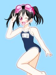 Rule 34 | 1girl, aqua background, artist name, artist request, bare legs, bare shoulders, barefoot, black hair, blush, bow, breasts, collarbone, competition school swimsuit, feet, female focus, goggles, goggles on head, hair bow, hair ornament, hair scrunchie, katosan, looking at viewer, love live!, love live! school idol festival, love live! school idol project, one-piece swimsuit, one eye closed, parted lips, red eyes, red scrunchie, school swimsuit, scrunchie, short hair, sitting, small breasts, smile, solo, swimsuit, twintails, wariza, yazawa nico