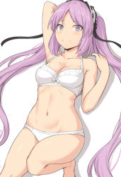 Rule 34 | 1girl, bare shoulders, blush, bra, breasts, collarbone, euryale (fate), fate/hollow ataraxia, fate (series), frilled hairband, frills, hairband, long hair, looking at viewer, lying, navel, on back, panties, purple eyes, purple hair, shiseki hirame, small breasts, smile, solo, thighs, twintails, underwear, underwear only, white bra, white panties