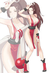 Rule 34 | 1girl, breasts, brown hair, cleavage, fatal fury, female focus, full body, hand fan, highres, holding, holding fan, large breasts, long hair, parted lips, pelvic curtain, ponytail, red nails, shiranui mai, solo, standing