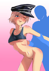 Rule 34 | 1boy, 1girl, bad id, bad pixiv id, blonde hair, blue eyes, blush, bottomless, breasts, collarbone, doggystyle, erica hartmann, gradient background, hat, hetero, highres, holding another&#039;s wrist, looking back, medium breasts, military hat, navel, no panties, one eye closed, open mouth, pink background, rafale1008, sex, sex from behind, shiny skin, short hair, silhouette, simple background, smile, solo focus, strike witches, underboob, world witches series