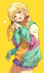Rule 34 | 1girl, :d, absurdres, blonde hair, blush, braid, commentary request, cowboy shot, fang, fujita kotone, gakuen idolmaster, green jacket, head tilt, heart, highres, hoshiko (419401x), idolmaster, jacket, long hair, long sleeves, looking at viewer, open mouth, orange shirt, own hands clasped, own hands together, plaid, plaid skirt, purple skirt, shirt, simple background, skirt, smile, solo, twin braids, yellow background, yellow eyes