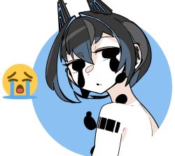 Rule 34 | 1girl, animal ears, barcode, barcode tattoo, black eyes, black hair, black tears, blue background, cat ears, colored skin, colored tears, completely nude, emoji, from behind, hair between eyes, idkuroi, kokubunji suou, looking at viewer, looking back, mechanical ears, mole, mole under mouth, nude, original, parted lips, shoulder tattoo, solo, tattoo, tears, white skin