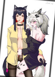 Rule 34 | 2girls, absurdres, alternate costume, animal collar, animal ears, arknights, back, bare legs, black collar, black hair, black legwear, black shirt, blush, breasts, breath, cleavage, collar, collared shirt, colored inner hair, commentary, controller, cowboy shot, dated, expressionless, facelord12138, female focus, food, heavy breathing, highres, lappland (arknights), leg between thighs, lips, lipstick, long hair, long sleeves, looking at viewer, looking back, makeup, material growth, medium breasts, mouth hold, multicolored hair, multiple girls, off shoulder, open clothes, open mouth, open shirt, orange eyes, oripathy lesion (arknights), pale skin, pantyhose, pocky, pussy juice, red hair, remote control, remote control vibrator, scar, scar across eye, scar on face, sex toy, shirt, signature, silver hair, simple background, symbol-only commentary, tail, tail grab, texas (arknights), thighs, two-tone hair, vibrator, white background, wolf ears, wolf tail, yellow eyes, yellow shirt, yuri