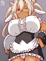 Rule 34 | 1girl, animal ears, apron, artist logo, black skirt, breasts, brown eyes, center frills, collared shirt, commentary request, cosplay, covered erect nipples, dark-skinned female, dark skin, dated, dress shirt, fleur de lapin uniform, floppy ears, frilled shirt, frilled skirt, frills, gochuumon wa usagi desu ka?, grey-framed eyewear, grey background, hairband, kanon (kurogane knights), kantai collection, kirima syaro, kirima syaro (cosplay), large breasts, light brown hair, lolita hairband, looking at viewer, musashi (kancolle), one-hour drawing challenge, one eye closed, panties, pointy hair, puffy short sleeves, puffy sleeves, rabbit ears, rectangular eyewear, semi-rimless eyewear, shirt, short hair with long locks, short sleeves, simple background, skirt, solo, twintails, two side up, underbust, underwear, waist apron, white apron, white panties, white shirt, wrist cuffs