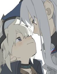 Rule 34 | 2girls, animal ears, arknights, black headwear, blue eyes, blue jacket, blush, brown shirt, commentary, d.y.x., grani (arknights), grey hair, hat, infection monitor (arknights), jacket, long hair, looking at another, multiple girls, red eyes, shirt, simple background, skadi (arknights), upper body, white background, white headwear, white shirt, yuri