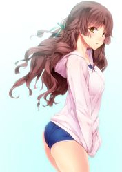 Rule 34 | 10s, 1girl, ano natsu de matteru, ass, blush, brown eyes, brown hair, competition school swimsuit, hair ribbon, hands in pockets, highres, hood, hooded jacket, hoodie, jacket, kitahara mio, long hair, looking at viewer, matsukawa (pale scarlet), one-piece swimsuit, open mouth, ribbon, school swimsuit, sidelocks, simple background, solo, swimsuit, swimsuit under clothes