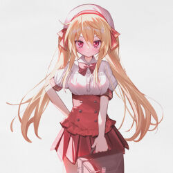Rule 34 | 1girl, bag, blonde hair, cowboy shot, d omm, highres, holding, holding bag, long hair, looking at viewer, original, pleated skirt, red eyes, skirt, twintails, very long hair, white background