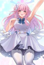 Rule 34 | 1girl, absurdres, angel wings, arm up, blue archive, blush, breasts, crescent, crescent pin, dress, feathered wings, feet out of frame, hair bun, halo, highres, hinaumma, large breasts, long hair, looking at viewer, mika (blue archive), open mouth, pantyhose, pink hair, pink halo, single side bun, sleeveless, sleeveless dress, smile, solo, white dress, white pantyhose, white wings, wings, yellow eyes