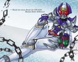 Rule 34 | 1girl, belt, chain, dutch angle, english text, fuji shuuji, hand on own knee, helmet, kamen rider, kamen rider dcd, kamen rider decade, kamen rider kivala, knee pads, knee up, looking at viewer, md5 mismatch, text focus