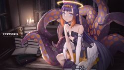 Rule 34 | 1girl, ao-chan (ninomae ina&#039;nis), artist name, asymmetrical sleeves, bare shoulders, blue eyes, blunt bangs, book, book stack, candle, feathered wings, flat chest, glowing, halo, highres, hololive, hololive english, holomyth, long hair, looking at viewer, ninomae ina&#039;nis, ninomae ina&#039;nis (1st costume), pointy ears, solo, tentacles, vertigris, virtual youtuber, white wings, wings