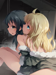 2girls absurdres ahoge bad_id bad_pixiv_id bare_shoulders black_hair blonde_hair blue_eyes breasts brown_eyes building chen_bin chito_(shoujo_shuumatsu_ryokou) closed_mouth coat fur_trim green_coat hair_over_shoulder highres long_hair long_sleeves medium_breasts multiple_girls night nipples nude off_shoulder on_ground open_mouth outdoors shoujo_shuumatsu_ryokou sideways_mouth sitting smile water yuri yuuri_(shoujo_shuumatsu_ryokou)