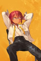 Rule 34 | 1girl, absurdres, arms behind head, arms up, black pants, blush, chair, collared shirt, commentary, english commentary, feet out of frame, glasses, hair between eyes, high-waist pants, highres, khyle., kobayashi-san chi no maidragon, kobayashi (maidragon), light frown, looking to the side, medium hair, necktie, pants, red eyes, red hair, sanpaku, shirt, sidelocks, sitting, pants, solo, unbuttoned, unbuttoned shirt, undone necktie, white shirt, yellow background, yellow necktie