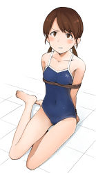 Rule 34 | 1girl, blue one-piece swimsuit, blush, bound, bound arms, bound wrists, breasts, brown eyes, brown hair, competition school swimsuit, full body, kantai collection, low twintails, one-piece swimsuit, parted bangs, sakura (medilore), school swimsuit, scowl, shirayuki (kancolle), short twintails, simple background, sitting, small breasts, solo, swimsuit, tearing up, twintails, v-shaped eyebrows, white background, yokozuwari
